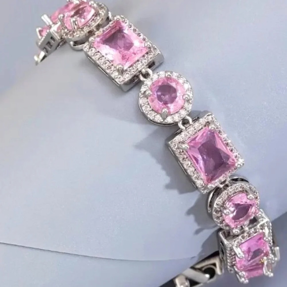 Glittering Pink Zircon 8 inch Bracelet - Exquisite Round Square Design - Picture 1 of 5
